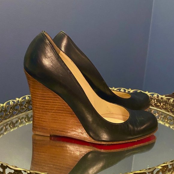 Christian Louboutin Miss Boxe Black Leather Wedge - Picture 1 of 10